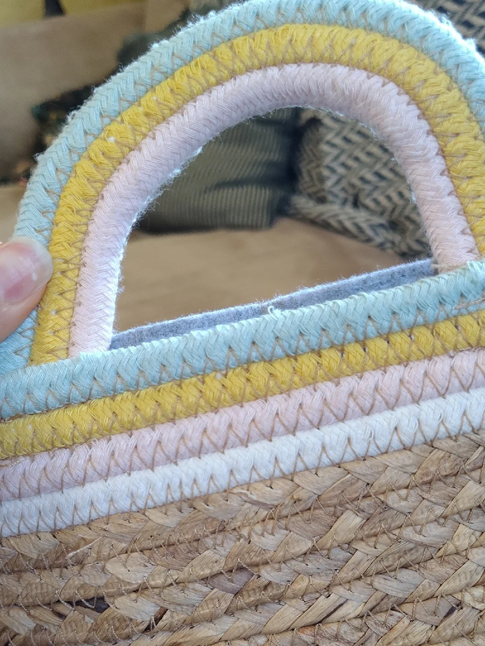 Woven Rope Basket Tote with Pastel Rainbow Trim
